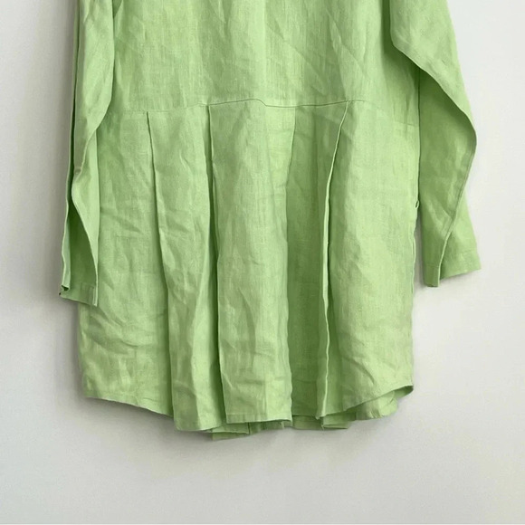 Flax 100% Linen Dress Small Green Button Down Pockets Long Sleeve Tunic Pleated - Picture 12 of 13